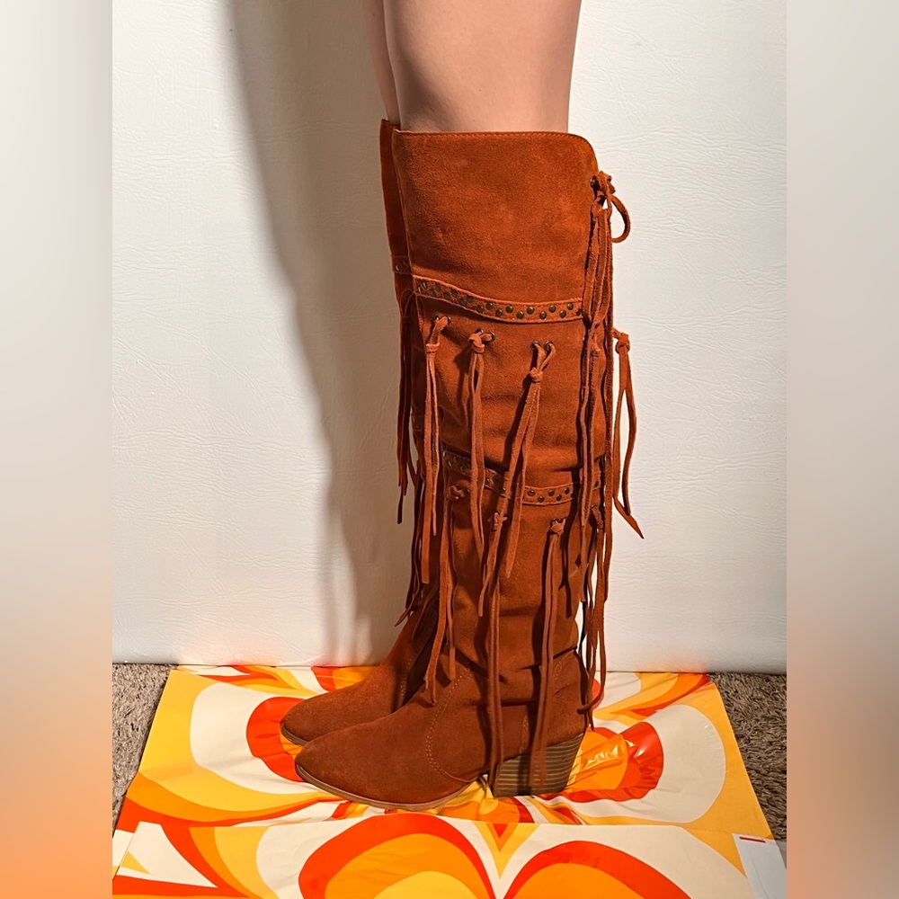Anthropologie Terracotta Fringe Over the Knee Boots